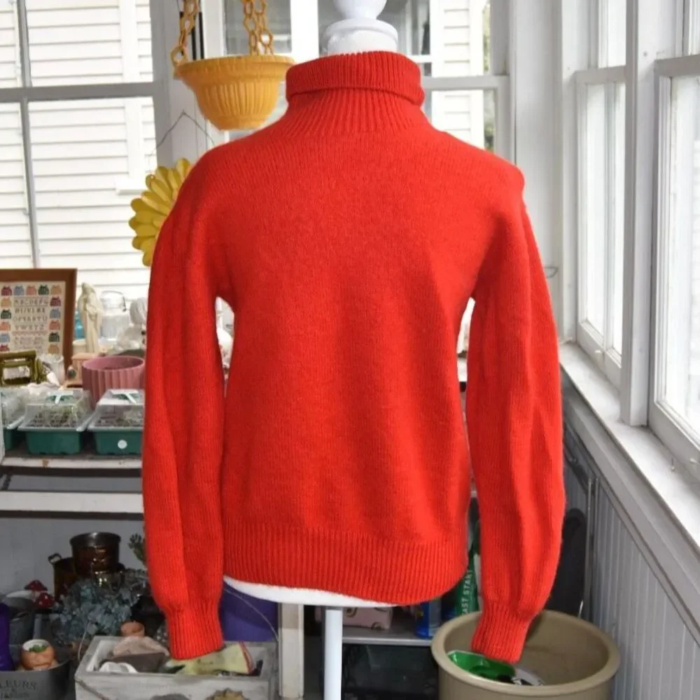 Vintage Heavy Wool Turtleneck Sweater Red Orange Knit Pullover Womens Medium